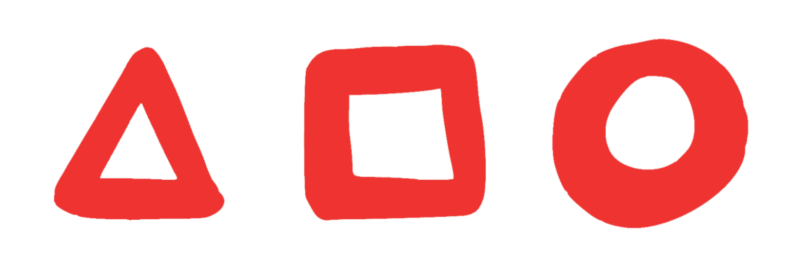 Hand-drawn vermillion triangle , square, and ensō shapes in a horizontal grouping.